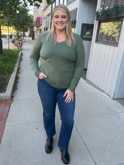Olive V-Neck Long Sleeve