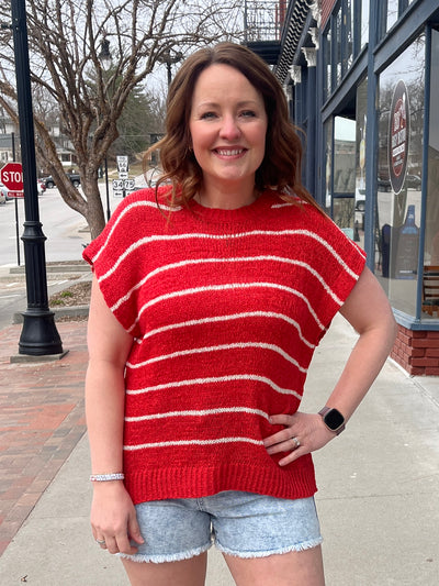 Red Stripe Short Sleeve Sweater