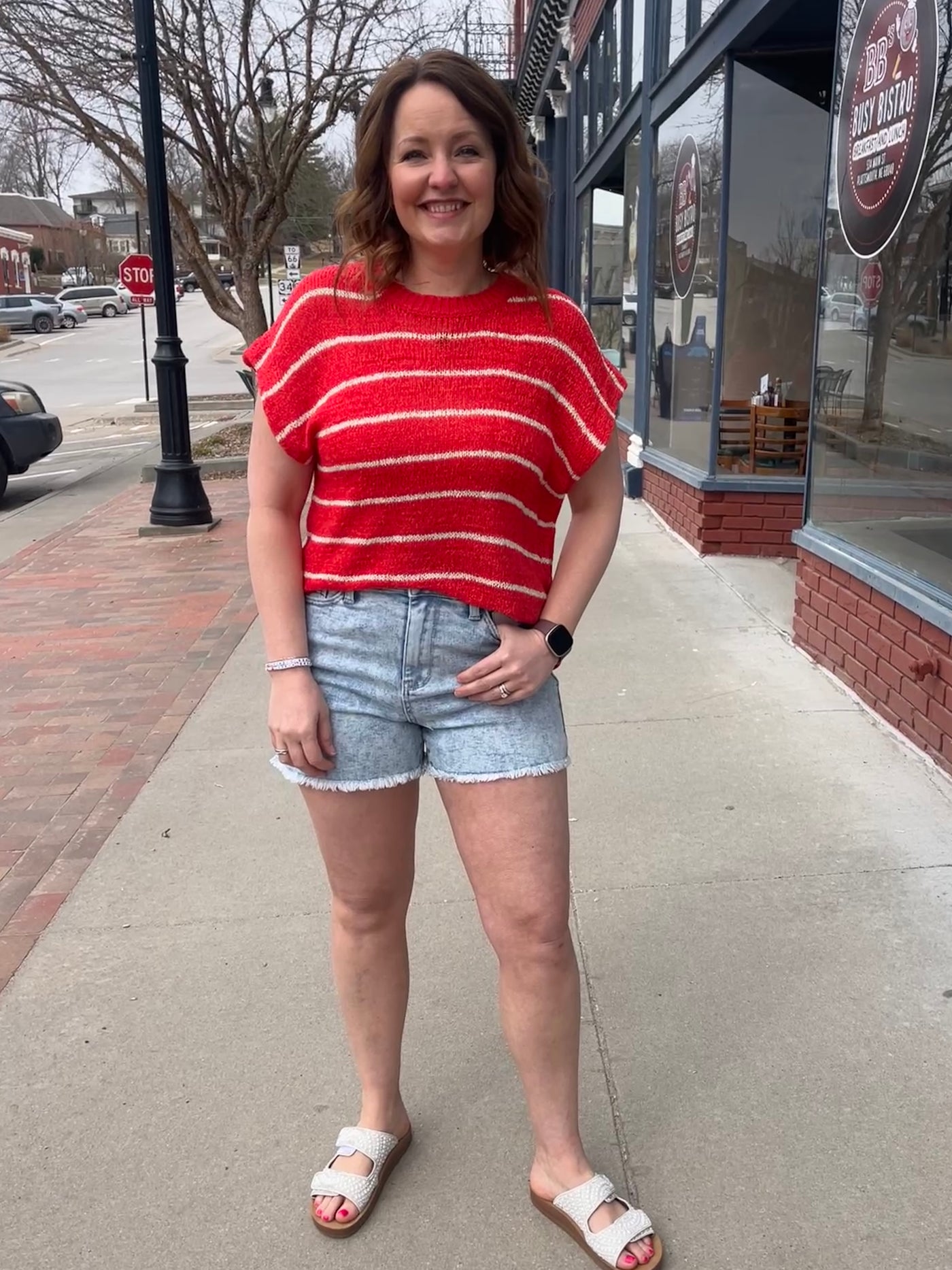 Red Stripe Short Sleeve Sweater