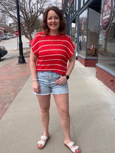 Red Stripe Short Sleeve Sweater