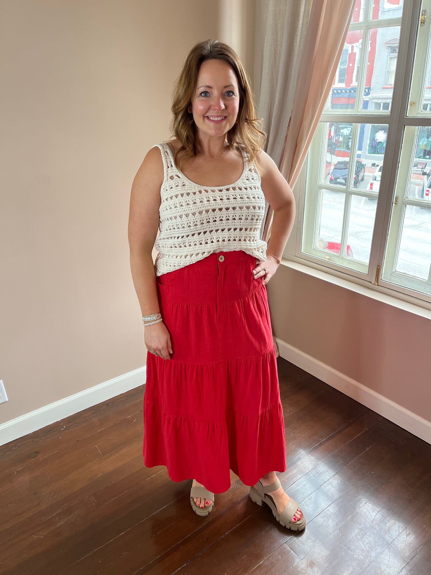 Red Linen Midi Skirt
