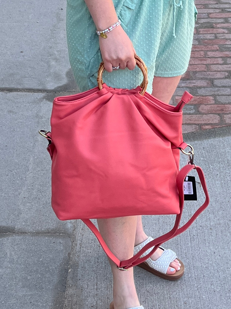 Foldover Bamboo Handle Handbag