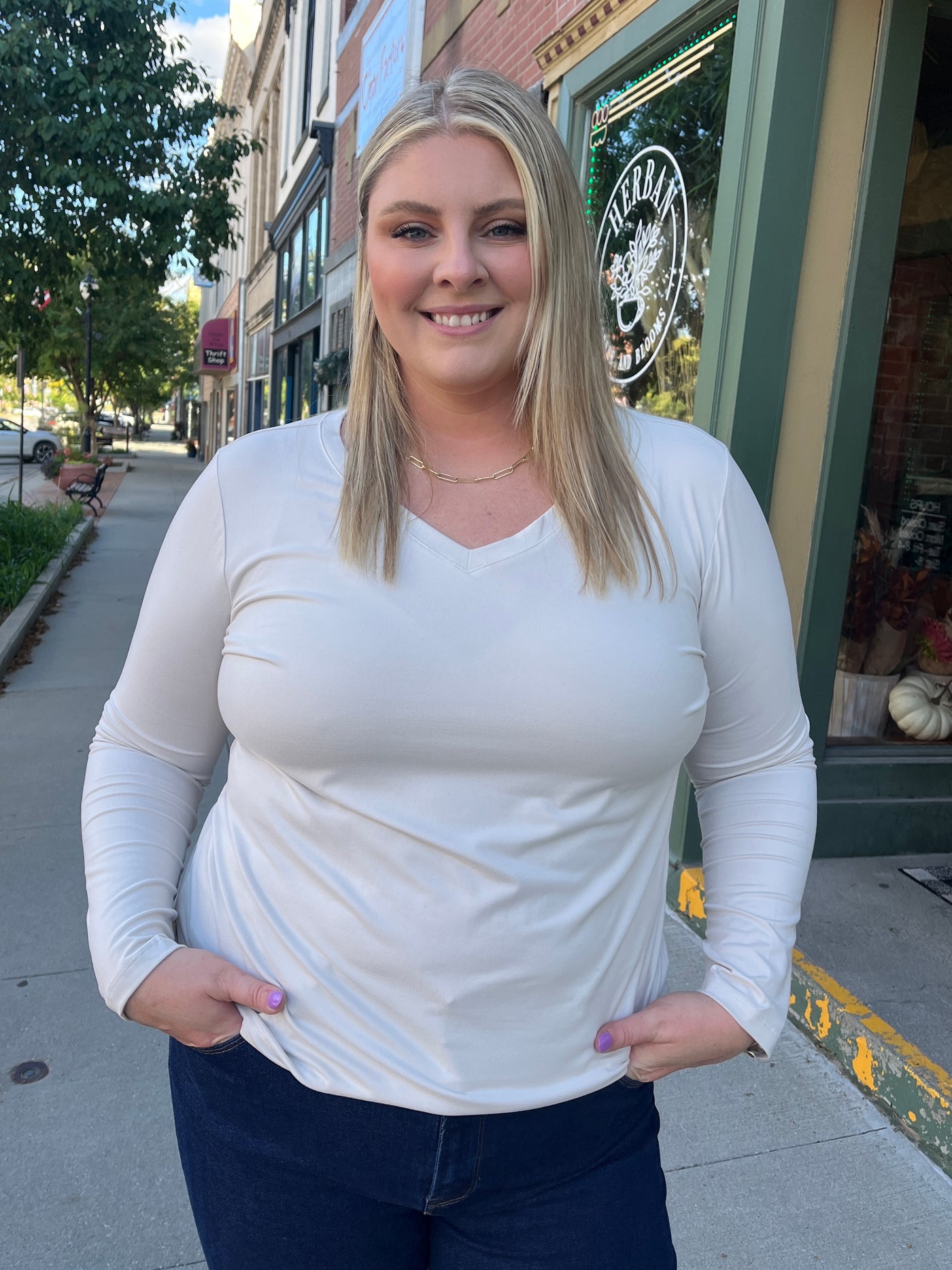 Bone V-Neck Long Sleeve
