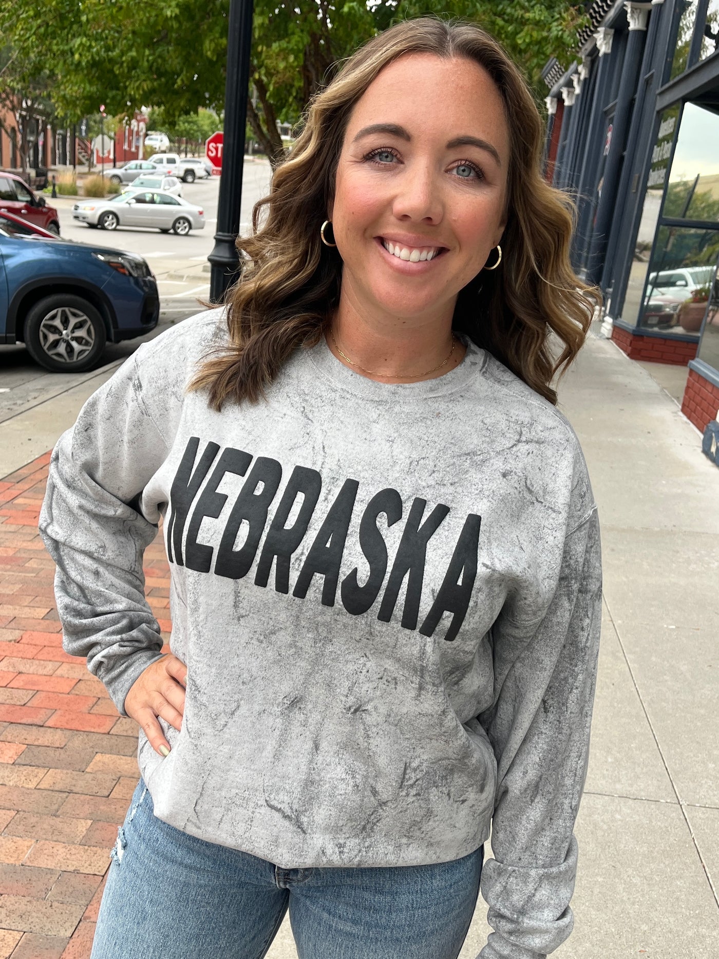 Puff Print Nebraska Marbled Crewneck