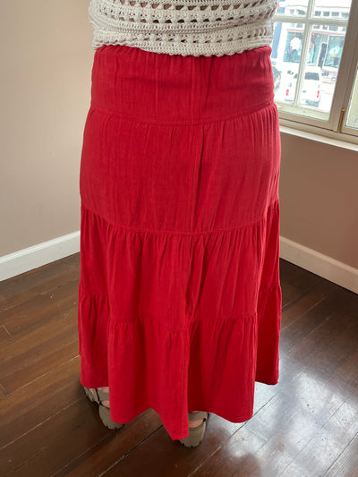 Red Linen Midi Skirt