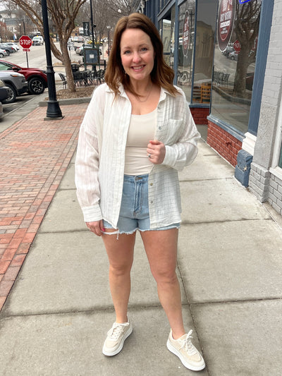 Pinstripe Button Front Long Sleeve