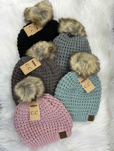 C.C Lined Pom Waffle Beanie