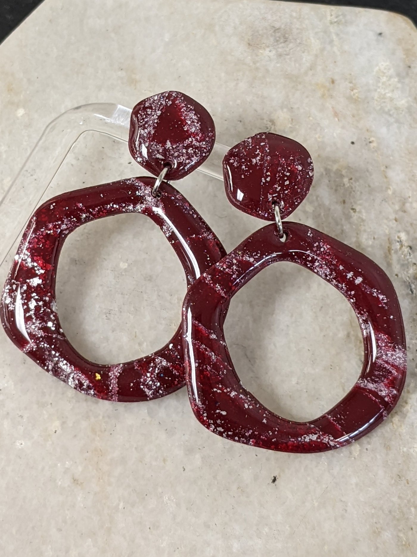 Handmade Clay Earrings - Burgundy Marble
